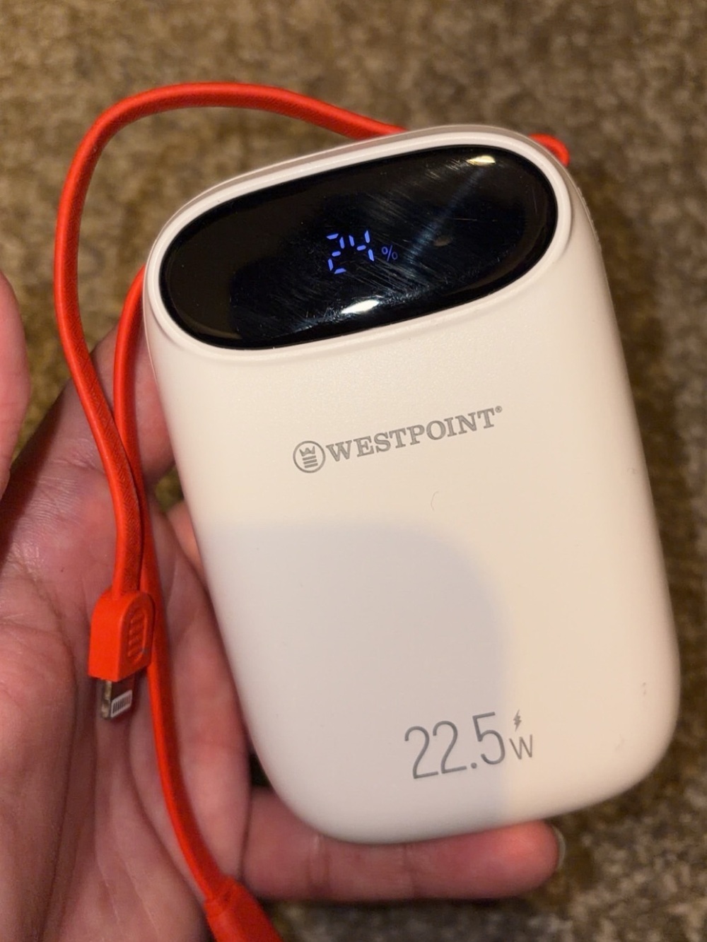 Westpoint 22.5W Portable Power Bank in White with Orange Cable